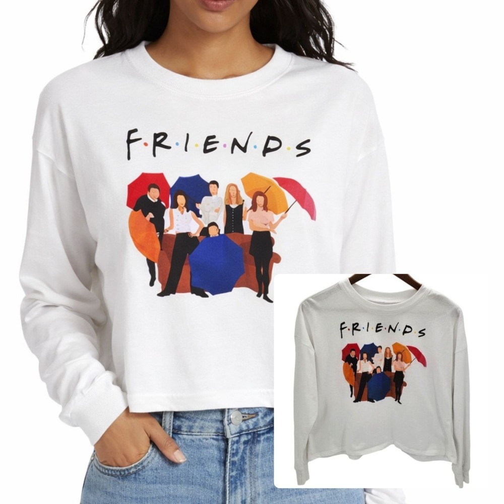 Friends Graphic‎ Crop Tee Long Sleeve Logo TV Show Streetwear White XS